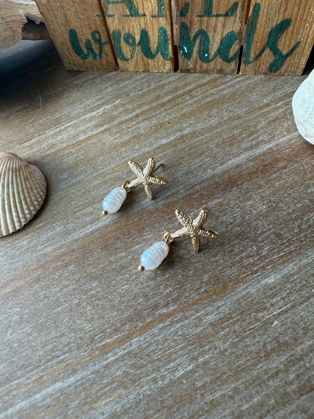 Gold Starfish Pearl Drop Earrings - Picture 7 of 11